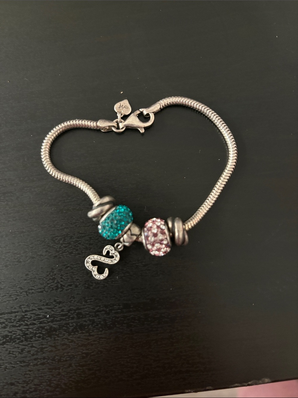 Pandora Silver Bracelet with Teal and Pink Crystal Charms
